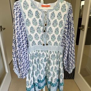 NWOT…OLIPHANT…Blue, Green, and white Balloon Sleeve Short Mini Dress